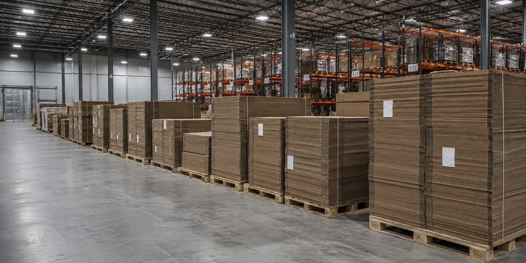 AMG warehouse — palletized corrugated inventory