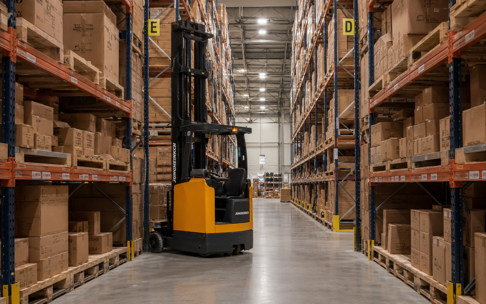 Reach truck in warehouse aisle — 3PL distribution